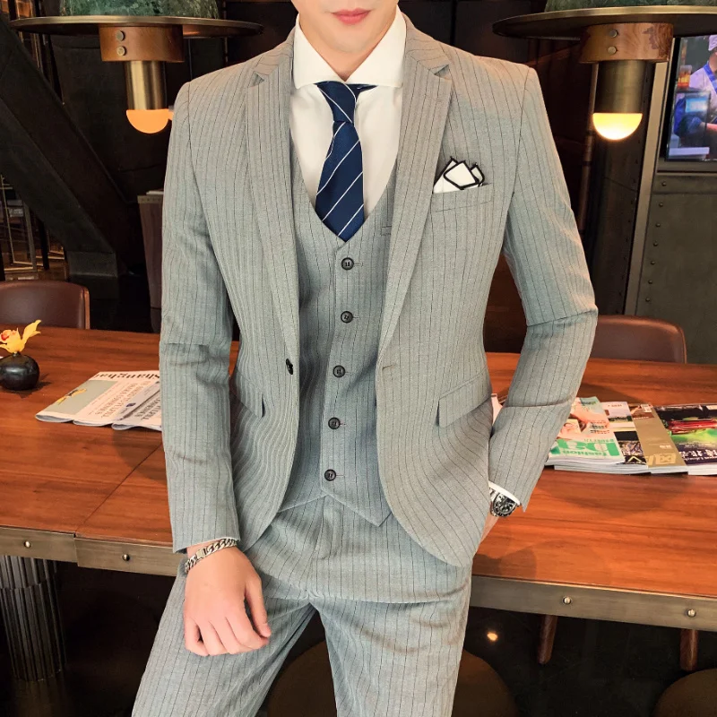 

[Jacket+Vest+Pants] Classic striped men's suit suits men's slim tuxedo jacket pants formal dinner wedding groom/ men suit