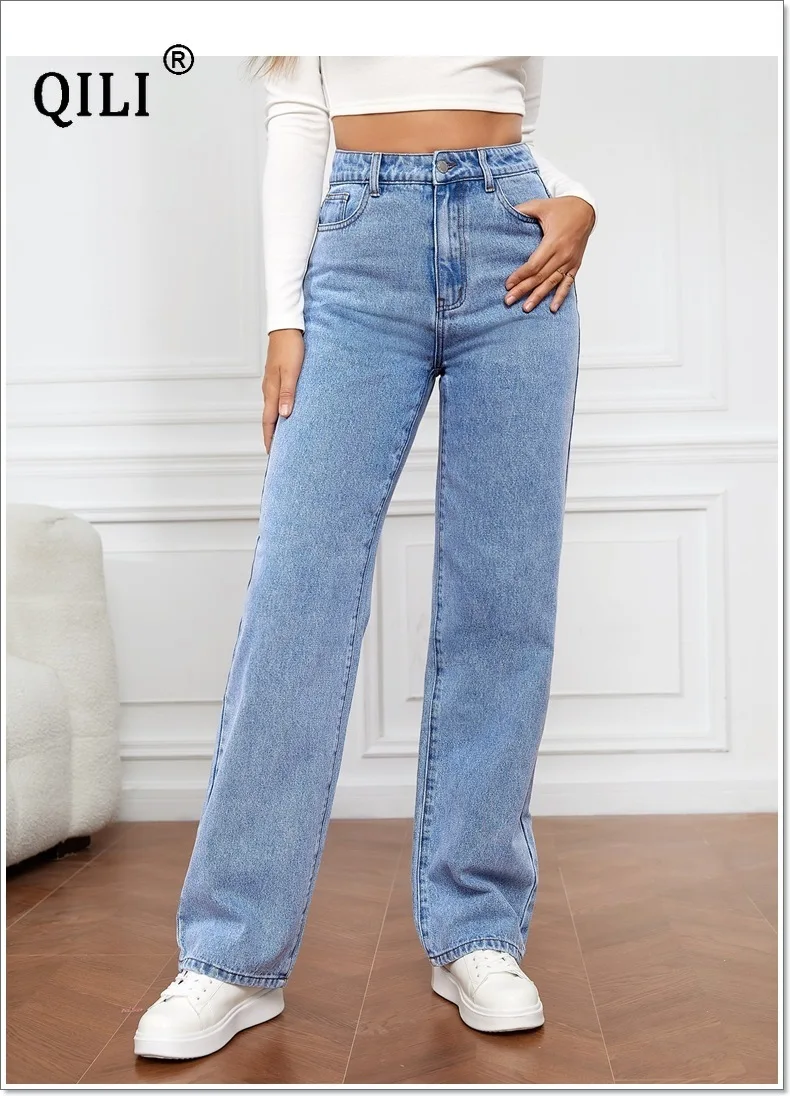 QILI 2023 New Jeans for Women Elastic Wash Denim Women's Pants Versatile Straight Leg Pants