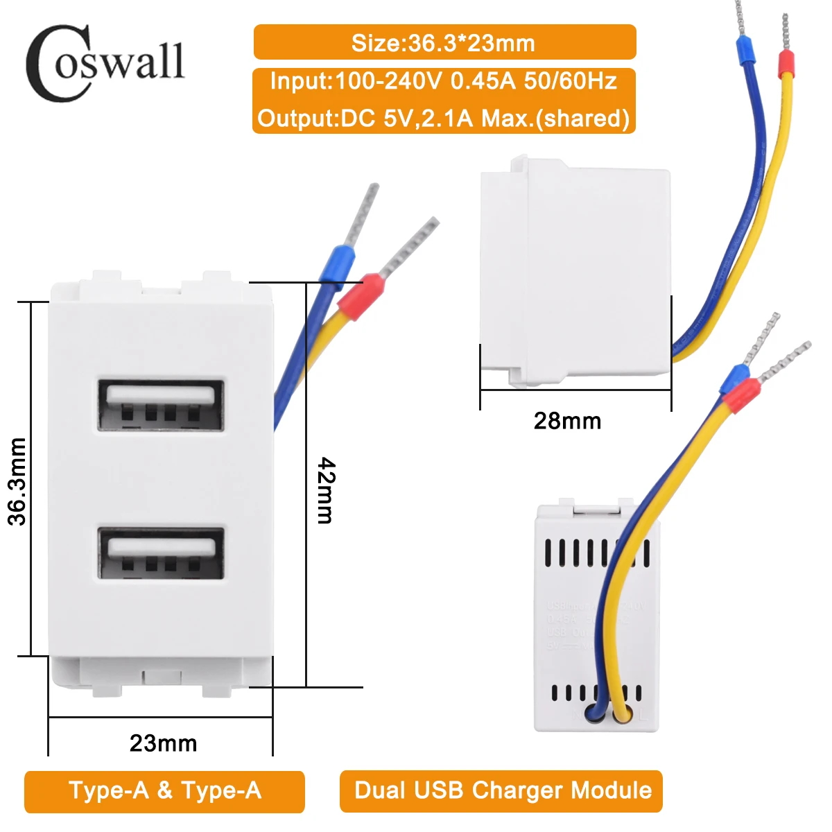 Coswall 128 белая/черная настенная розетка с двумя портами USB