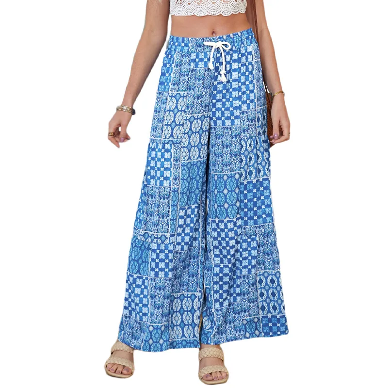 

Women's Pants & Capris Bohemian print casual slim high waist lace-up wide leg pants
