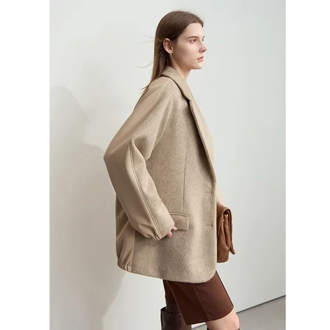 AMII Minimalism Splicing PU Woolen Coat for Women 2024 Winter New Casual Commuter Straight Loose Mid-length Outerwear 12444118
