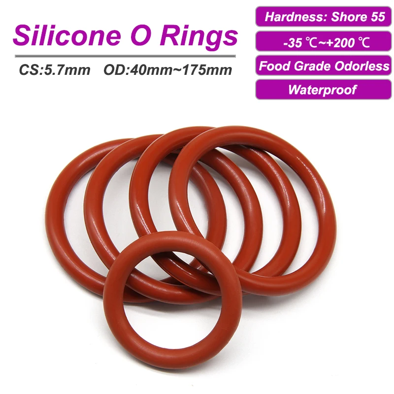 Красное уплотнительное кольцо VMQ, резиновая прокладка CS 5,7 мм, наружный диаметр 40 ~ 175 мм, пищевые водонепроницаемые уплотнительные шайбы, силиконовые уплотнительные кольца, гелевые прокладки для плиты