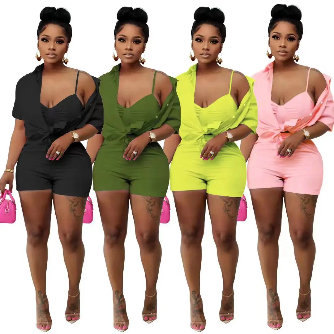 

2023 Summer Sexy Women's Suspenders Adjustable Shirt Shorts with Chest Pad Solid Color 3-piece Set