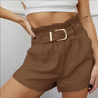korean simple solid summer shorts with belt 2022 loose high waist slim loose green shorts women black paperbag shorts