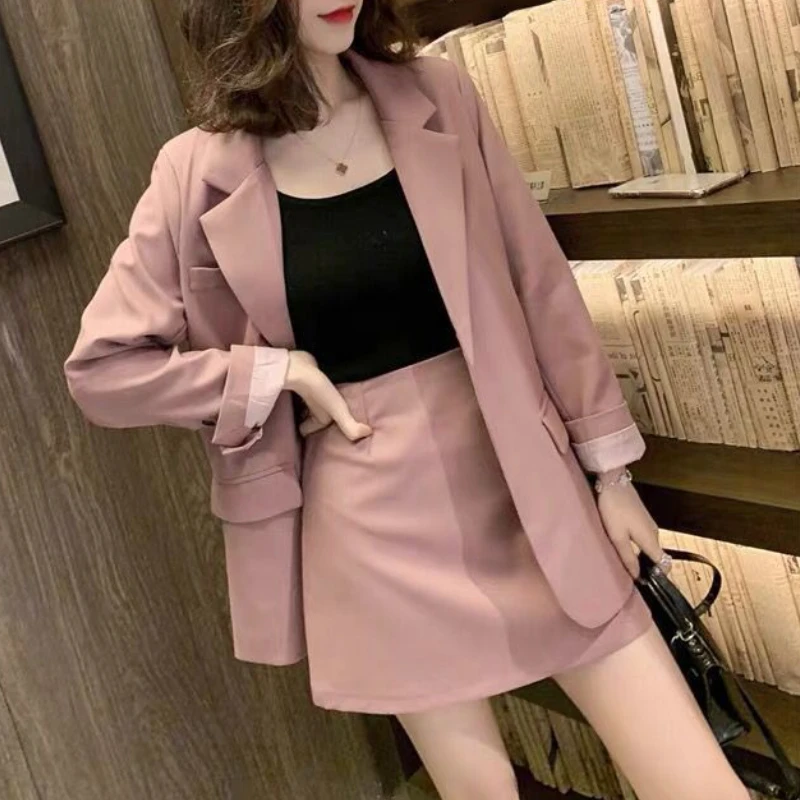High Waist Slim Elegant Suit Skirt Korean Style Fashion Retro Loose Jacket 2-Piece Set Solid Female Business Casual Skirt Set