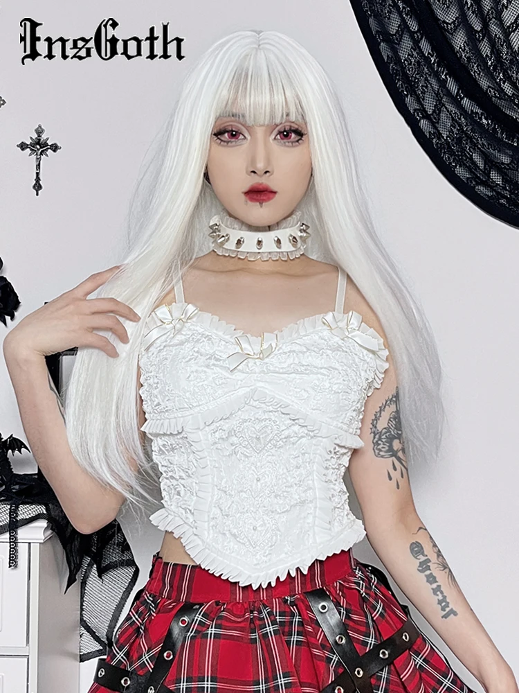 

InsGoth Gothic Y2k Lace Trim Cami Women's Sexy Bow Knot Tank Tops Summer Sleeveless Camisole Clubwear Outfit 2000s Gothic Tees