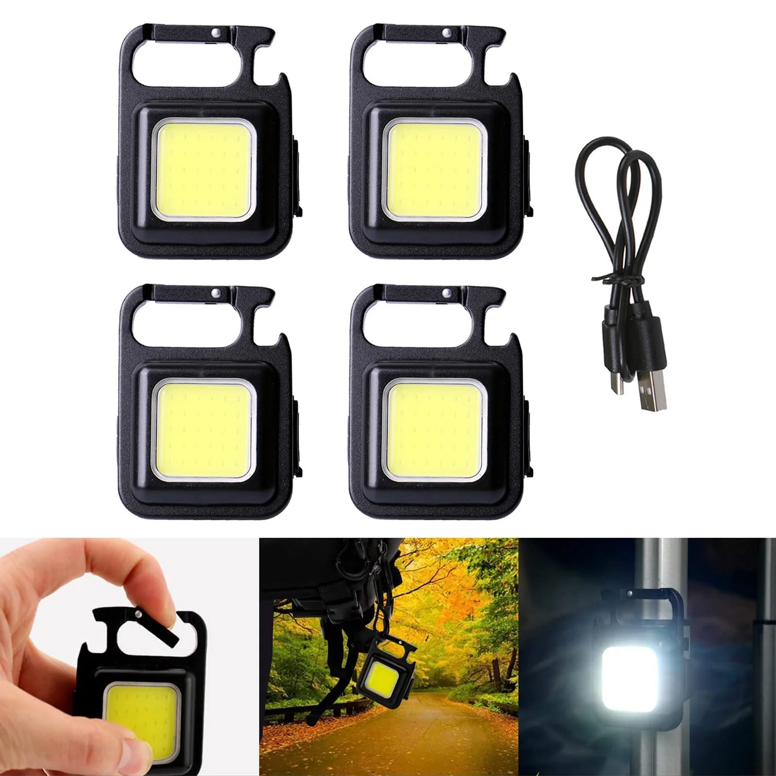 4pcs Mini LED Keychain Light Mutifuction Portable USB Rechargeable Pocket Work Lamp With Corkscrew For Camping Fishing Climbing
