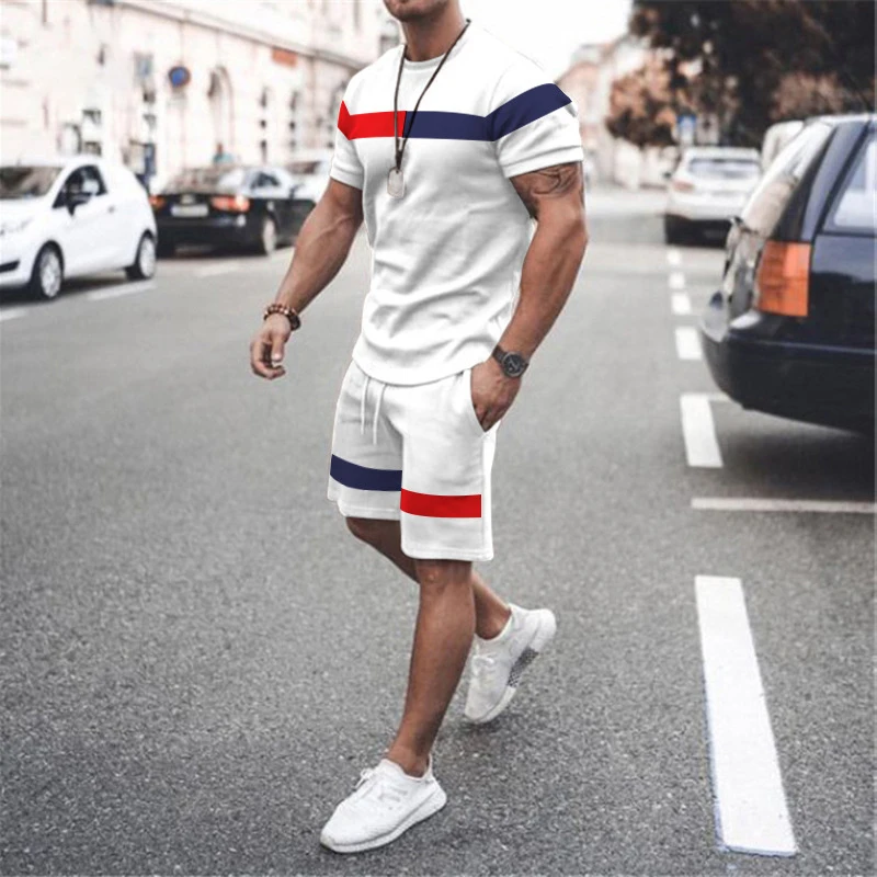 New Fashion Men's T-shirt Set Solid Color Panel Pattern 3D Printed Short Sleeve T-shirt Shorts Plus Size Casual Summer Set