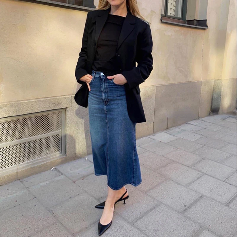 

2022 Autumn Women Skirt New Simple Loose Solid Color Cotton Denim Skirt