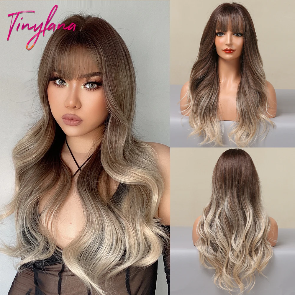 

Chocolate Brown Blonde Long Wavy Synthetic Hair Wigs with Bangs for Women Ombre Natural Body Wave Cosplay Heat Resistant Wig