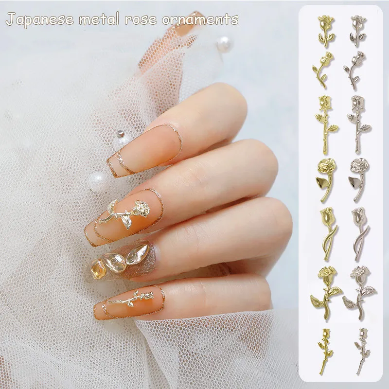 100PC Metal Rose Shape Nail Decor Fine Lover Flower Gold,Silver Japanese Style Accessory For Nails Supplies Luxury Roses TF2022*