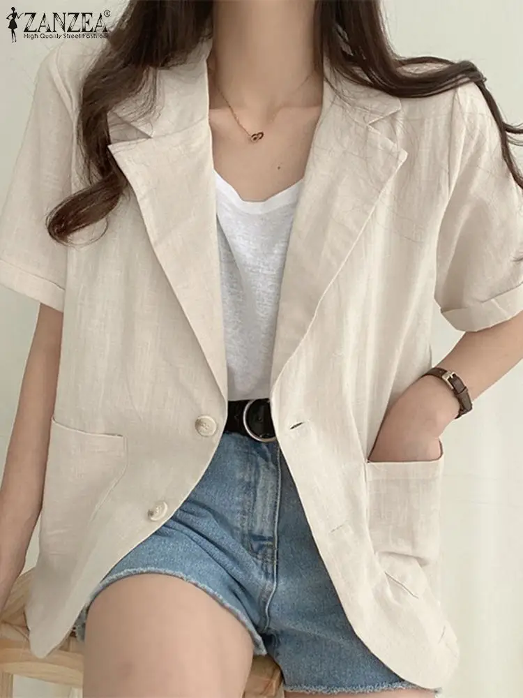 

ZANZEA Elegant Solid Cardigans Casual Short Sleeve Cotton Outwear Oversized 2022 Fashion OL Lapel Tops Women Summer Thin Blazer