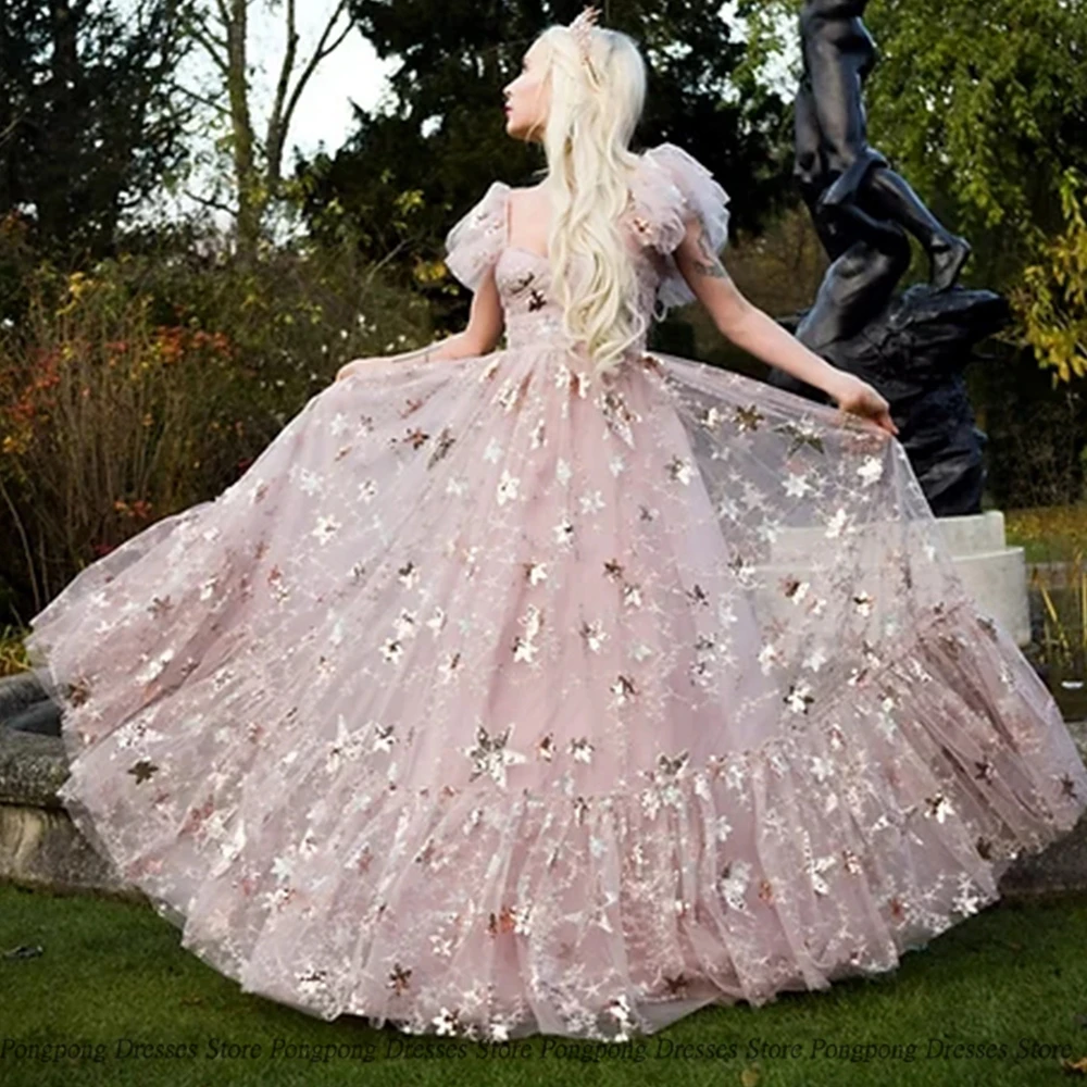 

High Quality A Line Evening Dresses Tulle Draped Applique Print Puff Sleeve Layered Party Glitter Women Dress Vestidos De Fies