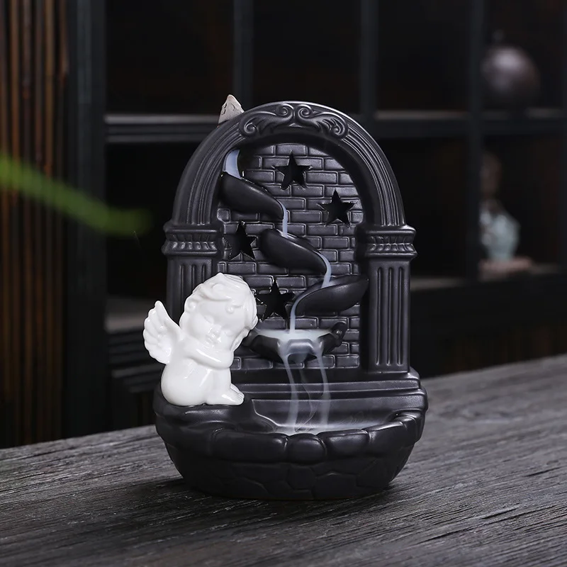 

Ceramic Cupid Incense Burners Creative LED Smoke Fountain Waterfall Angel Backflow Censer Holder Light Aromatherapy Home Decor