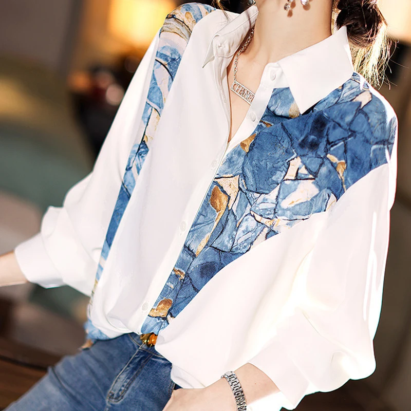 

Chiffon Shirt for Women Summer 2023 New In Print Blouses Long Sleeve Fashion Loose Korean Tops Tum-down Collar Casual Clothing