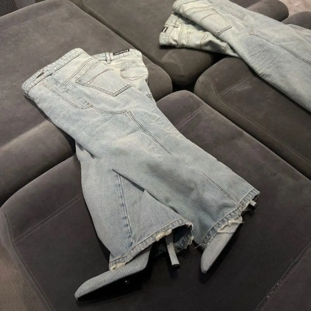 New Women Blue Washed Jeans Retro Style Knee High Boots Square-Toe Fashion Spice Girl Loose Straight Casual Pants High Shoes