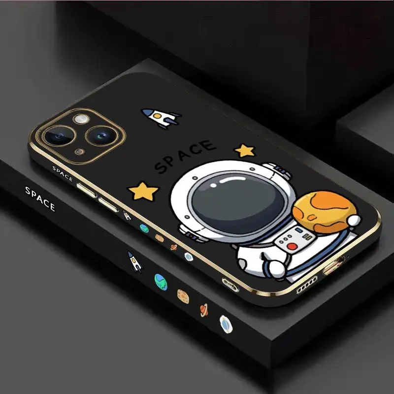 Fat Astronaut Luxury Plating Phone Case For iPhone 14 13 12 11 Plus Pro Max Mini X XR XS SE2020 8 7 6 6S Plus Cover