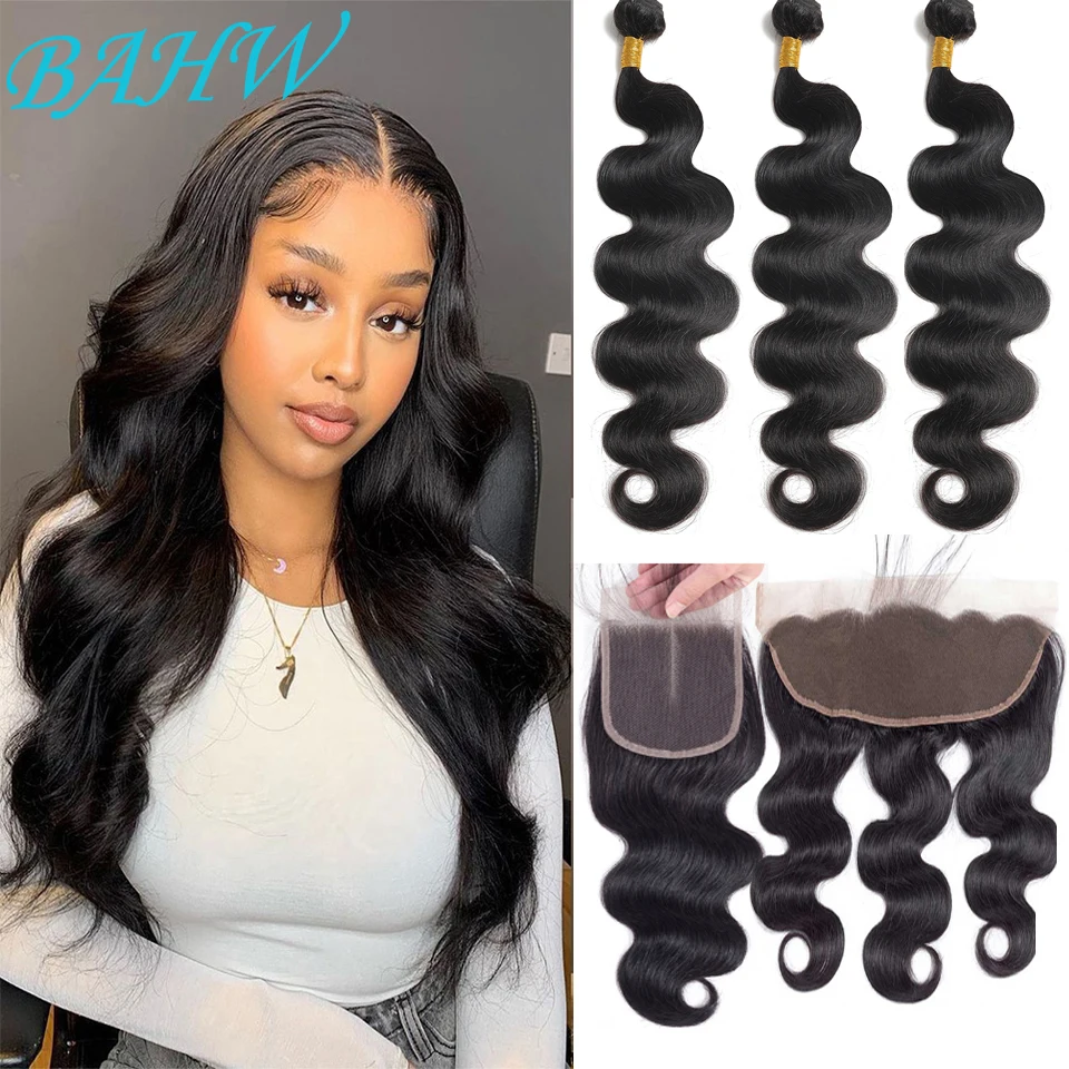 BAHW Hair Body Wave Bundles With Frontal Brazilian Hair Weave 3/4 Bundles With Closure Natural Human Hair Bundles With Closure