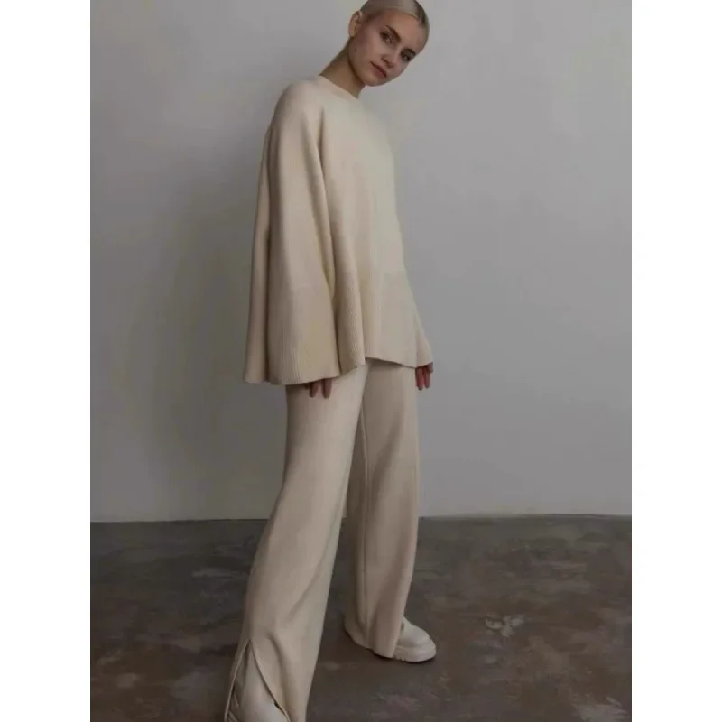 Вязаный свитер с расклешенными рукавами комплект длинных брюк свободный брюки