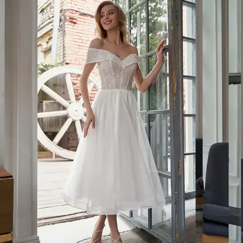 Exquisite V-neck  Lace Appliques A-Line Wedding Dress For Woman 2023 Off the Shoulder Tulle Bridal Gown Maid-Calf robe de mariée