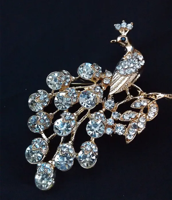 

Gold Tone Alloy Clear Rhinestone Crystal Diamante Large Peacock Party Brooch