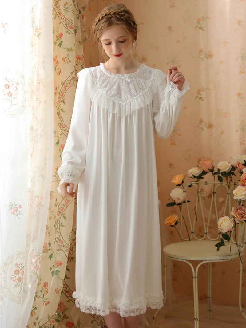 Victorian Princess Lolita Pajama Night Dresses Women Spring Cotton Vintage Long Sleeve Nightgowns Sweet Loose Fairy Sleepwear