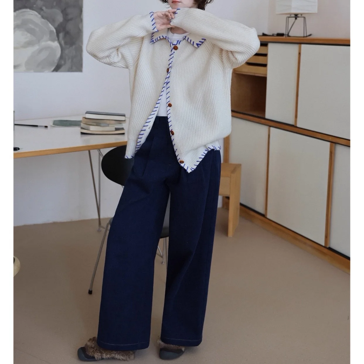 UMI MAO вязаная куртка Исландия синий 650 г высокий вес ручной работы контраст 100