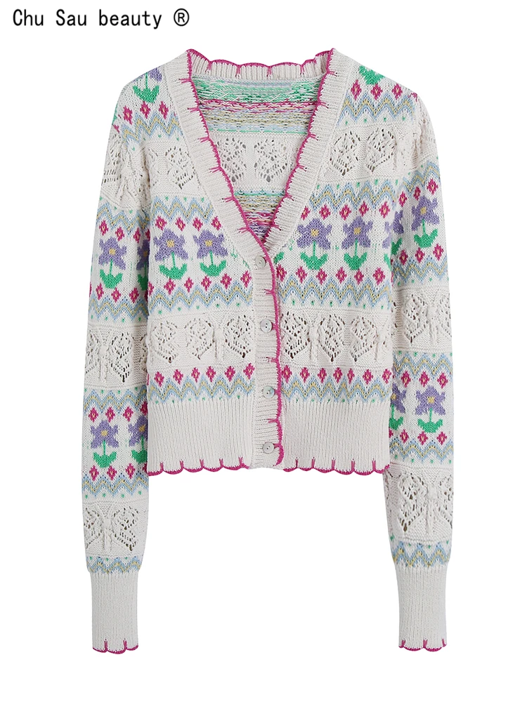 

2022 Spring Autumn Fashion Vintage Cottagecore Flower Jacquard Single-Breasted Short Cardigan Knitted Casual Sweater Women