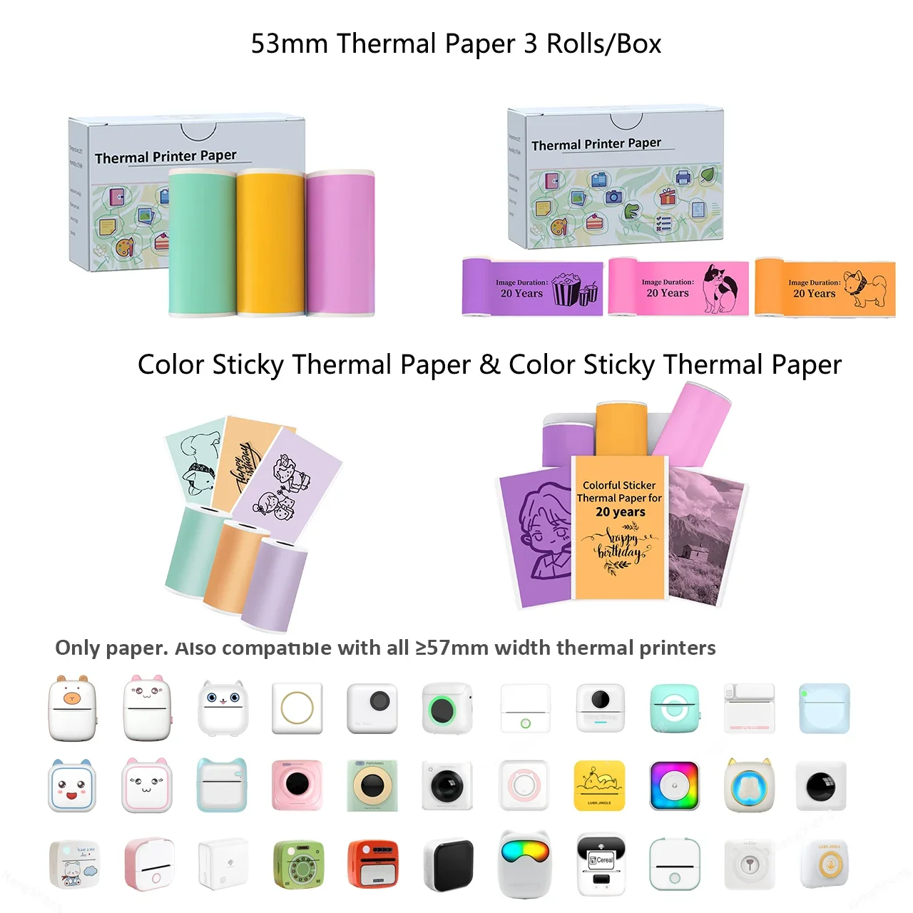 Color Sticker Thermal Printer Paper for Phomemo M02 T02 Waterproof Oil-proof Friction-resistant forKids Instant Camera