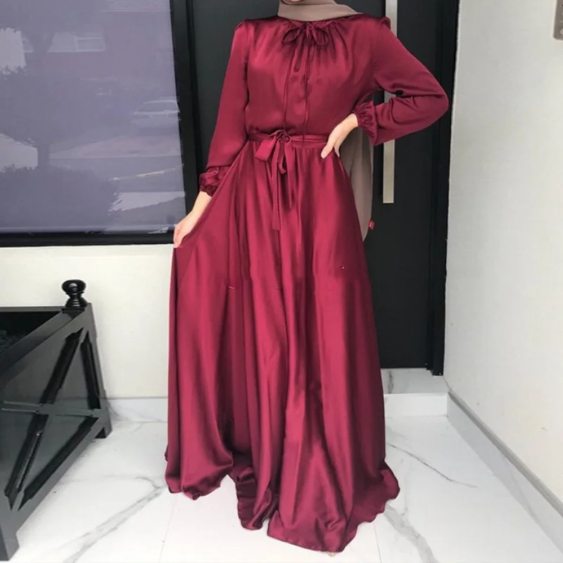 Soft Tunic Dress Elegant Satin Robes Dubai Autumn Vestidos Arabes Dubai Y Turcos Middle East Abaye for Women Caftan Marocain