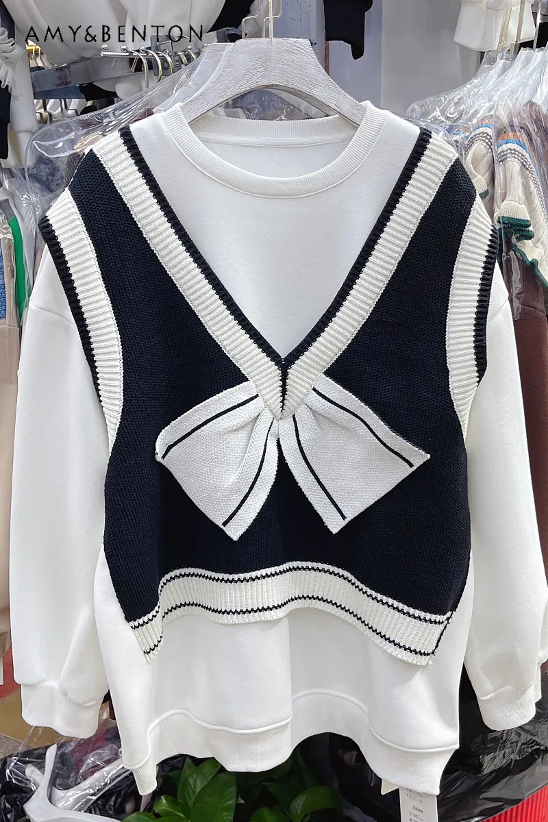 

Autumn and Winter Thickening Design Knitted Sweatshirt Stitching Bow Loose False Two Pieces Brushed Tops for Female Fashion