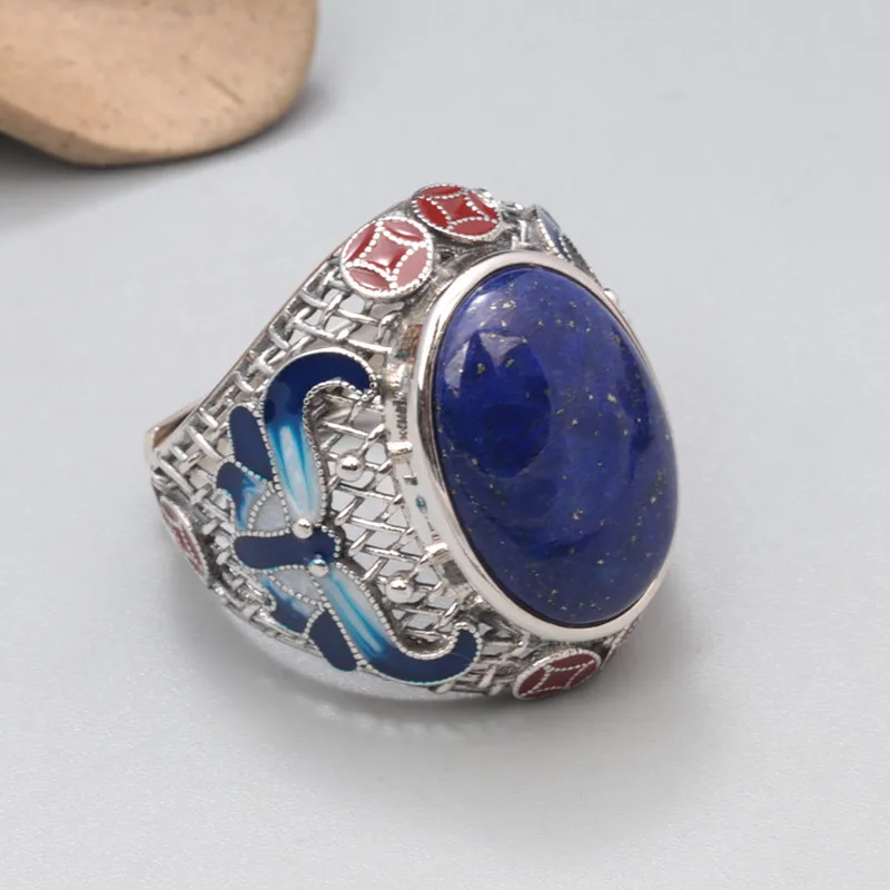 

Enamel Lapis Lazuli Oval Ring for Men Women Retro Ethnic 925 Sterling Silver Hollow Wide Adjustable Finger Ring Jewelry JZ099