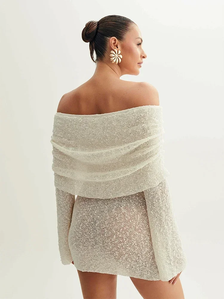 Женское трикотажное Прозрачное мини-платье с открытыми плечами и длинным