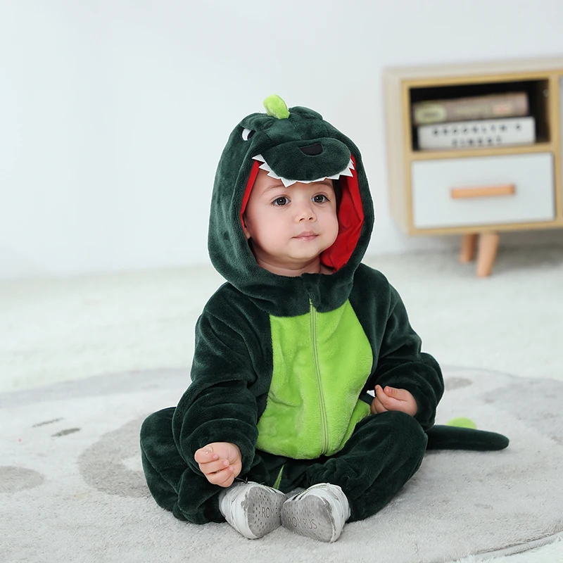 Newborn Baby Green Dinosaur Pajamas Clothing Boy Girl Infant Rompers Animal Anime Costume Outfit Hooded Winter Overalls Jumpsuit