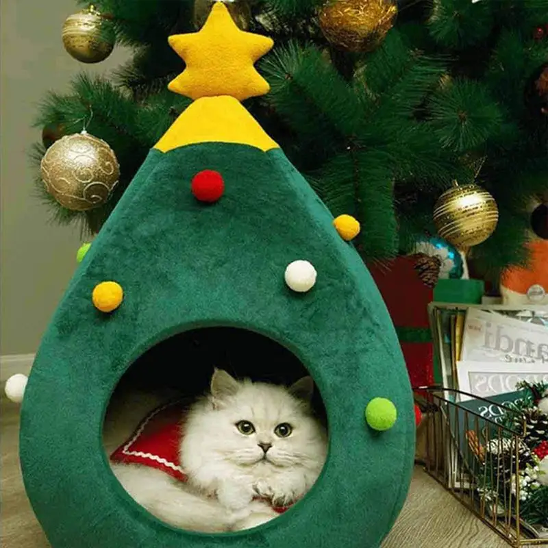 

Christmas Pet Cat House Christmas Tree Shape Pet House For Cats Small Dogs Puppy Mat Kitten Cave Winter Warm Cat Accessories