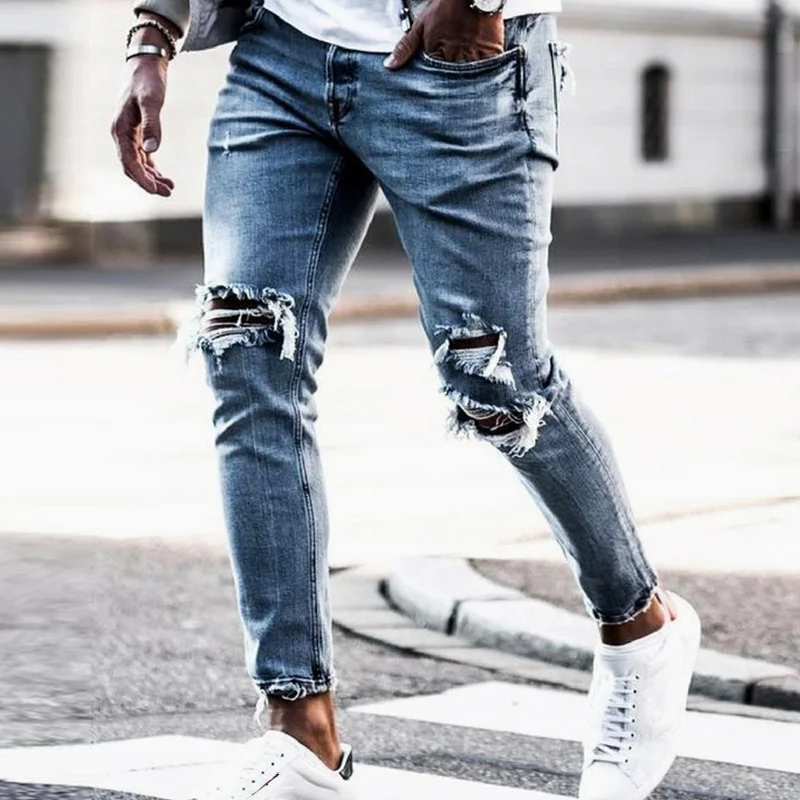 

Skinny men New Streetwear Destroyed Ripped Jeans Homme Hip Hop Broken modis male Pencil Biker Embroidery Patch Pants