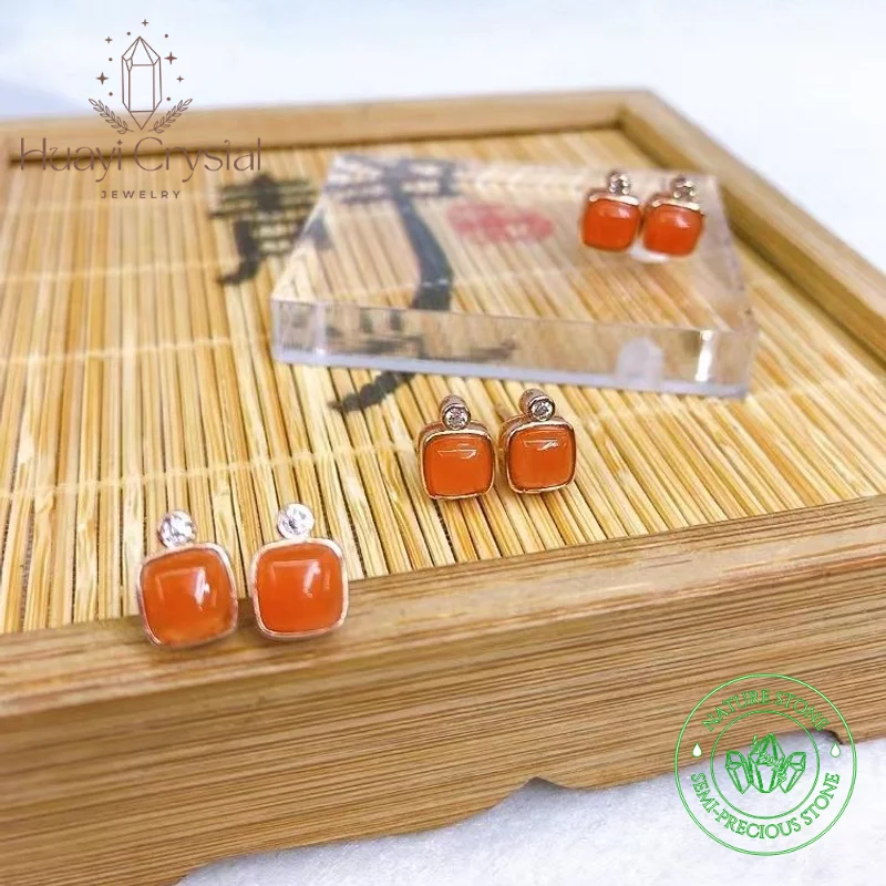 

Fine Sichuan South Red Cherry Red Earrings for Women With Red Colour S925 Silver Inlay Simple and Versatile Square Earrings