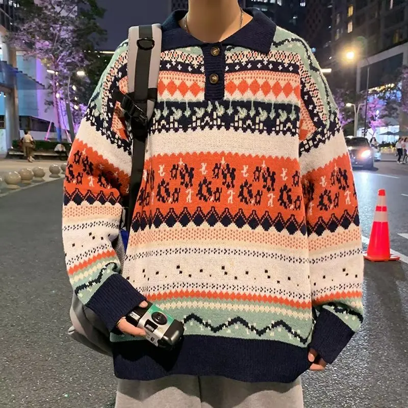 

Spring 2023 Men's New Fashion Versatile Lapel Pullover Small Fresh Sweater Retro Lazy Relaxed Long Sleeve Teenager Knitwear