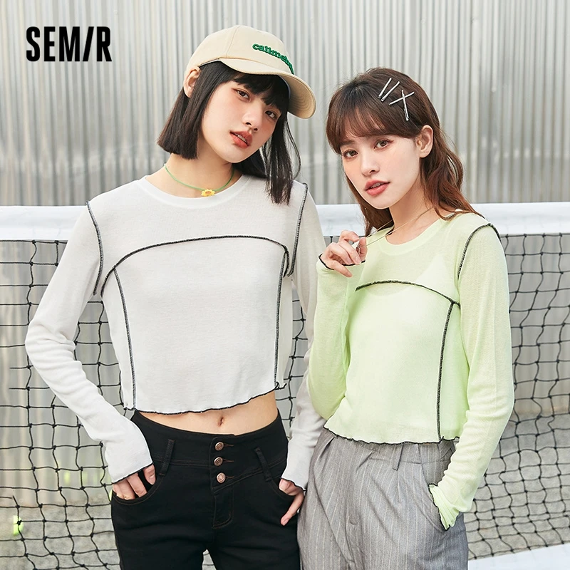 

Semir Long-Sleeved T-Shirt Women Short Design Sense Bright Line 2022 Summer New Fashion Contrast Color Drape Top Simple