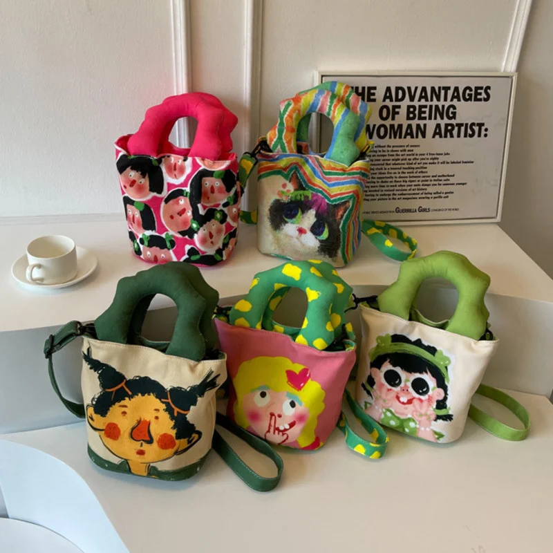 

Style Graffiti Women Bucket Bag Cartoon Graffiti Bag Water Bucket Spring/Summer Leisure Handheld One Shoulder Crossbody Bag