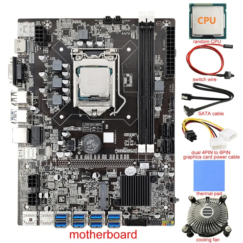 

B75 8 Card BTC Mining Motherboard+CPU+Fan+Thermal Pad+Power Cable+SATA/Switch Cable 8 USB3.0(PCIE) LGA1155 DDR3 SATA3.0