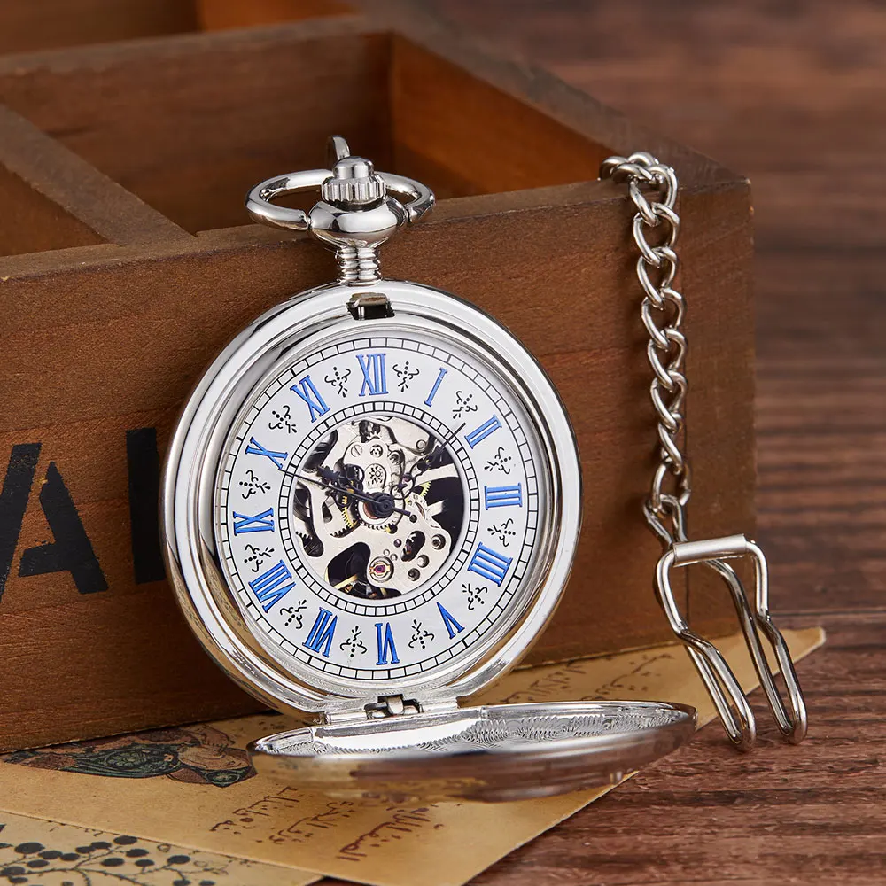 Vintage Steampunk Skeleton Mechanical Blue Roman Numbles Pocket Watch Men Women Necklace Pocket Fob Watches Chain Clock For Male
