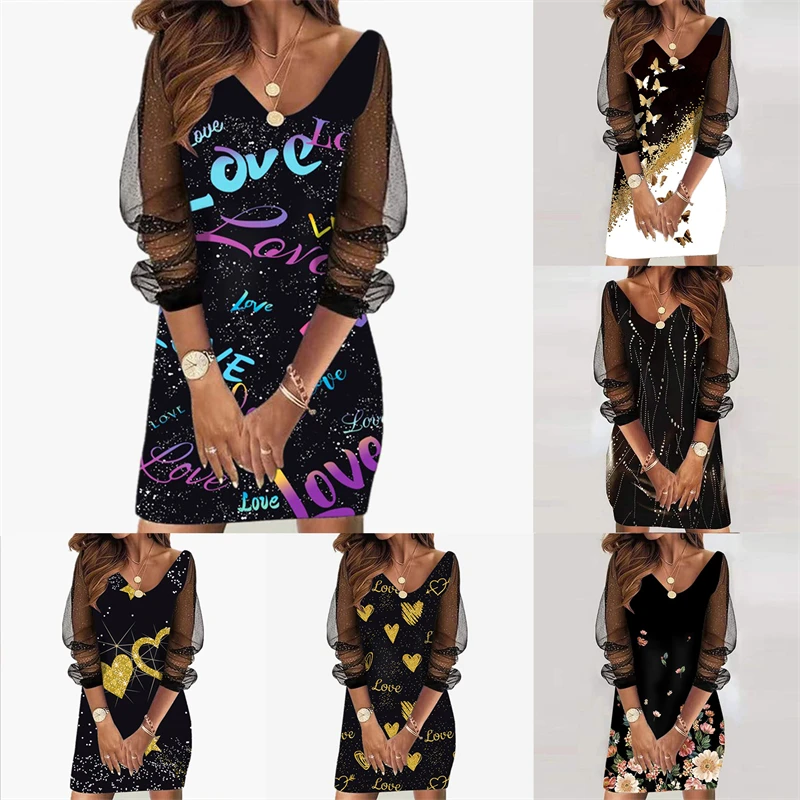

Summer Women's Butterfly Floral Long Sleeve Package Hip Dresses Work Dress Mesh Sexy Party Bodycon Dress Elegant Evening Dress