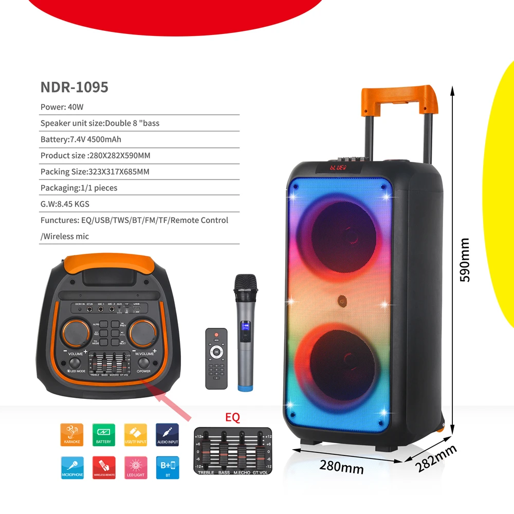 

40W outdoor bluetooth speaker dual 8-inch speaker lever home karaoke subwoofer with wireless wheat LED flame atmosphere light