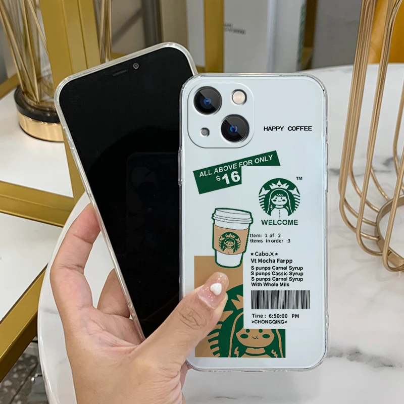

Starbucks Cases For iPhone 12 13 Pro Max Mini 11 Pro Max X XR XS Max SE2020 8 7 6S Plus Cartoon Transparent Soft Silicone Cover