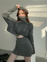 2022 autumn and winter new womens two piece suit korean style knitted turtleneck knitted sweater wrap hip skirt two piece suit