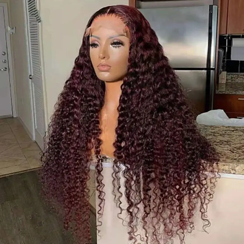 

Soft 26Inch Burgundy Long Kinky Cruly Lace Front Wig for Black Women 180Density BabyHair Glueless Preplucked Synthetic Daily