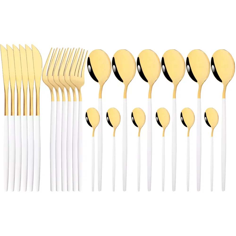 

24Pcs Cutlery Stainless Steel Tableware Mirror White Gold Dinnerware Set Western Knife Fork Spoon Flatware Kitchen Silverware