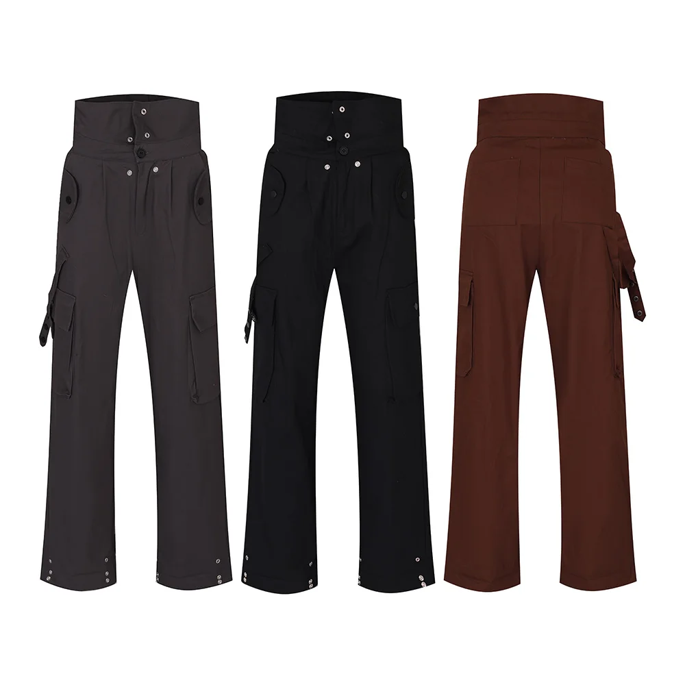 

Streetwear Solid Color Pockets Wide Leg High Wasit Cargo Pants Unisex Y2K Baggy Casual Overalls Men's Straight Oversize Trousers