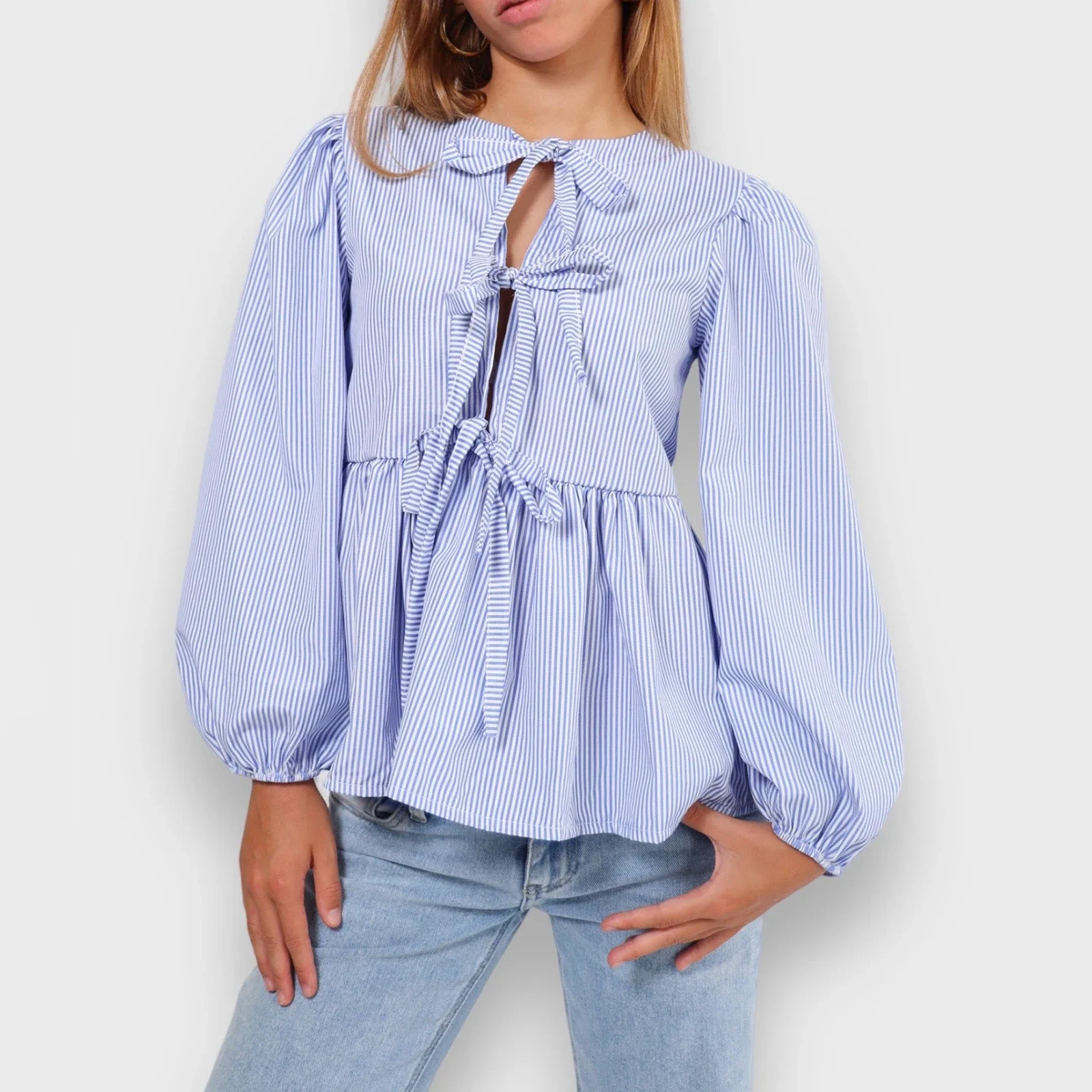 Женская Повседневная Блузка с рукавами-фонариками топ рубашка завязкой спереди